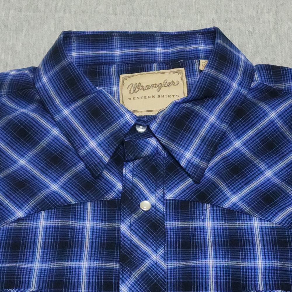 Wrangler Western Shirts Mens 2XL Blue Black Plaid Short Sleeve Pearl Snap